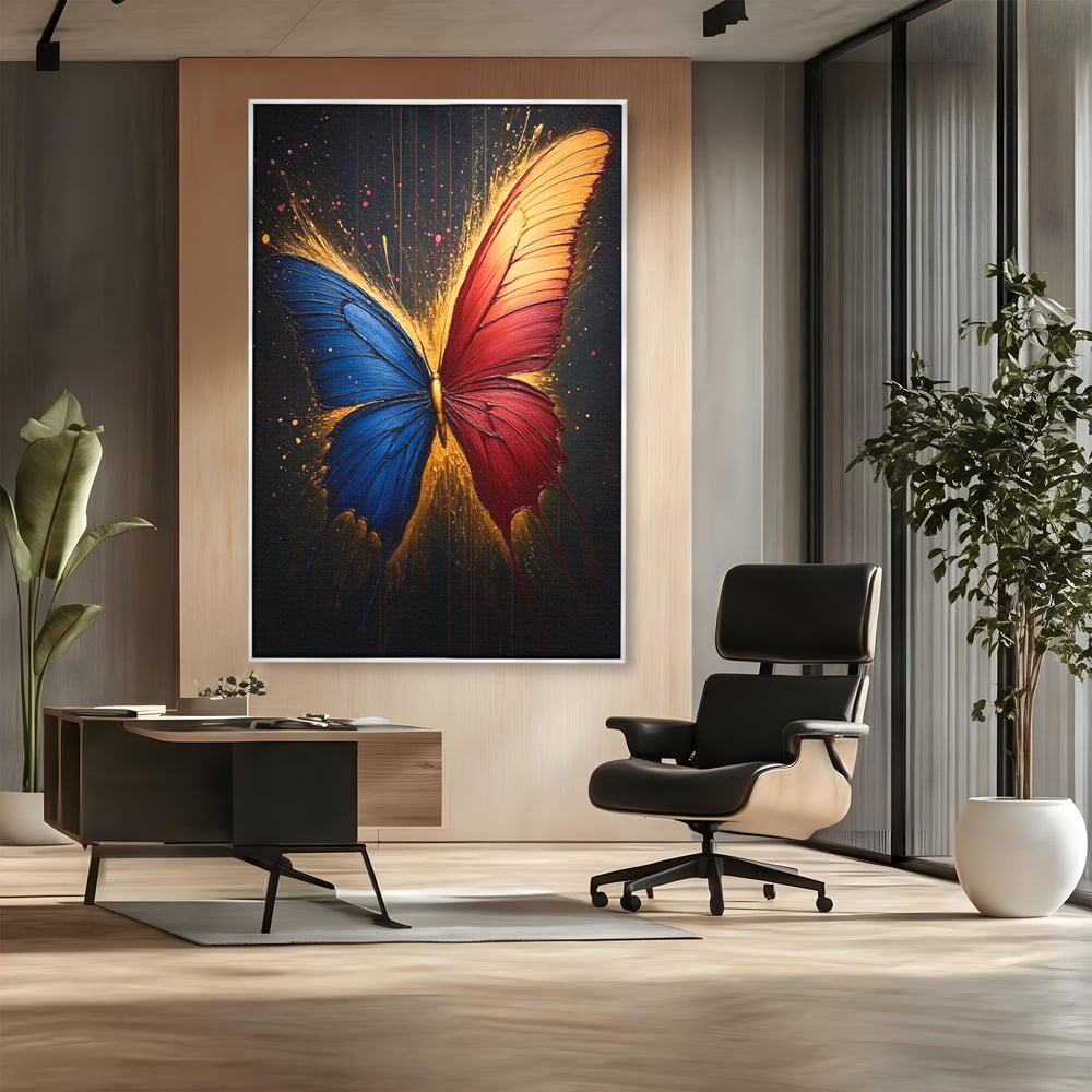 Tablou canvas cu tablou canvas cu fluture colorat, in rama de aluminiu argintiu, pe perete intr-un birou